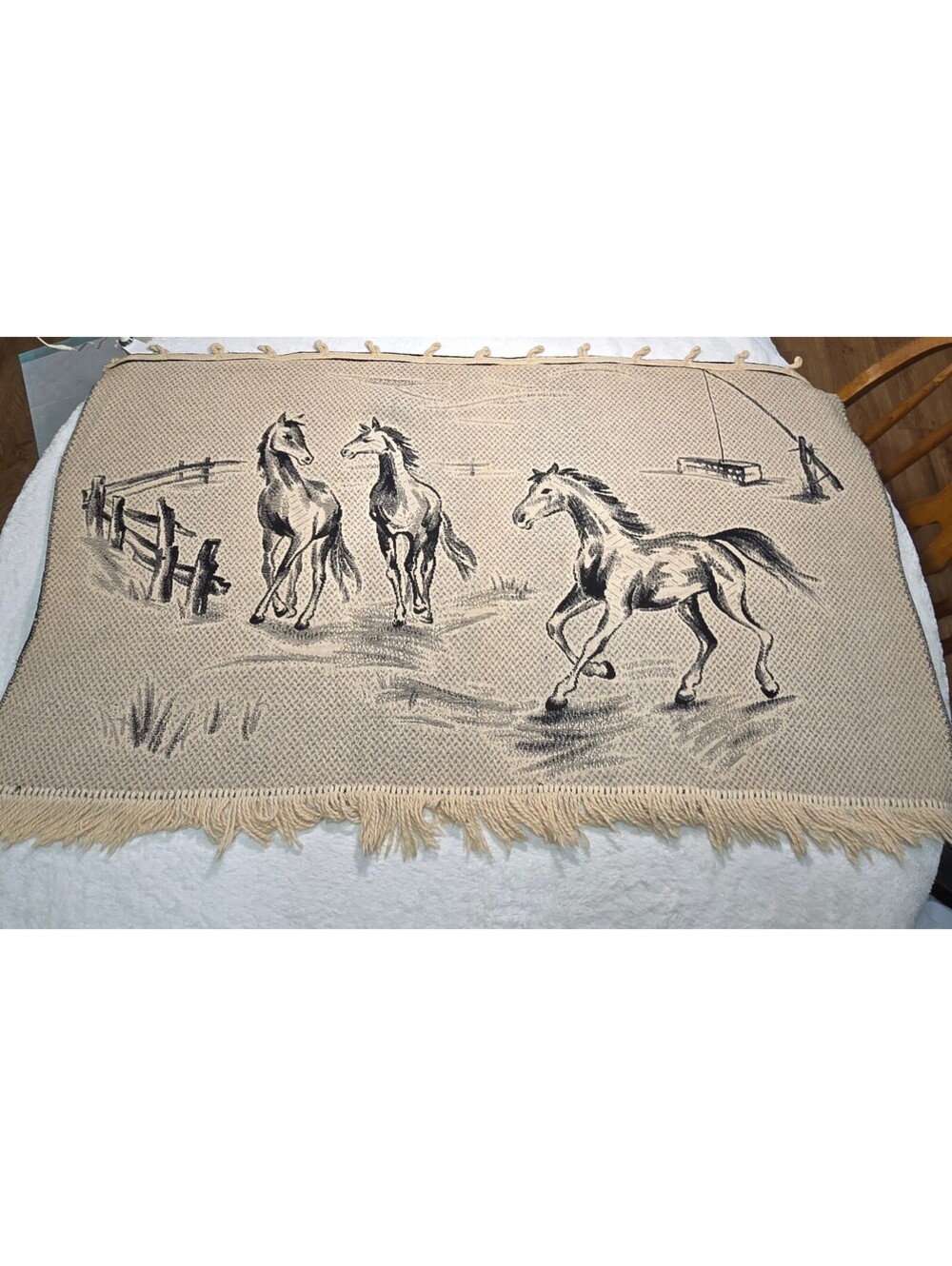 Vintage Horse Woven Tapestry Rug Wall Hanging Western Cabincore 29x43 Fringed